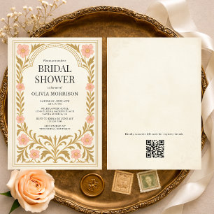 Victoriansk blomkonst Nouveau QR-kod Bröllopsdusch Inbjudningar