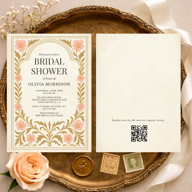 Victoriansk blomkonst Nouveau QR-kod Bröllopsdusch Inbjudningar (Skapare uppladdad)
