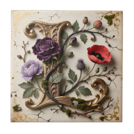 Victoriansk blomster- initial 'L' i guld Kakelplatta