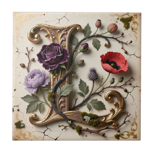 Victoriansk blomster- initial 'L' i guld Kakelplatta (Framsidan)