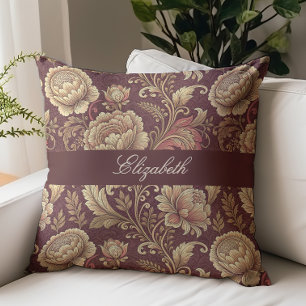Victoriansk blomsterbokstavsmonogramnamn Burgundy Kudde