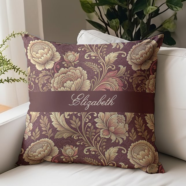 Victoriansk blomsterbokstavsmonogramnamn Burgundy Kudde (Skapare uppladdad)