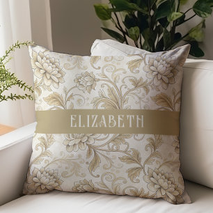 Victoriansk blomsterchintz monogramnamn Elfenbensg Kudde