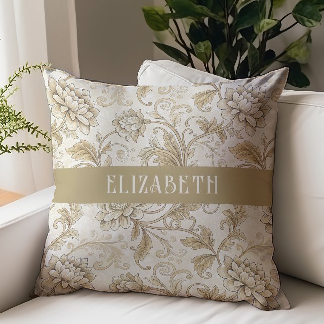 Victoriansk blomsterchintz monogramnamn Elfenbensg Kudde (Skapare uppladdad)
