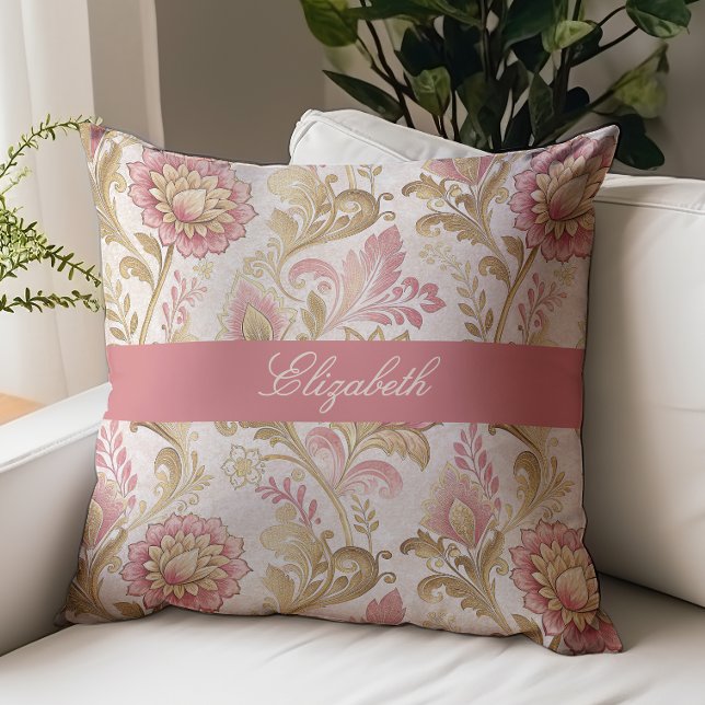 Victoriansk blomstermönster monogramnamn rosa guld kudde (Skapare uppladdad)