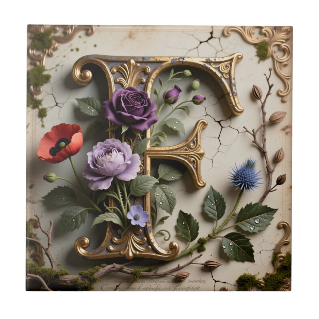 Victoriansk blomsterpatina Bokstav F Monogram Kakelplatta (Framsidan)