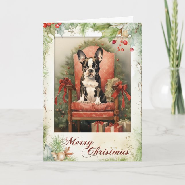 Victoriansk Boston Terrier Valp Jul Helgkort (Framsida)