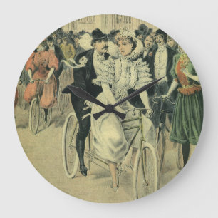 Victoriansk brud och brudgum på nygift cykel stor klocka