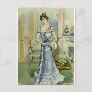 Victoriansk dam - gammaldags fransk mode - blå klä vykort