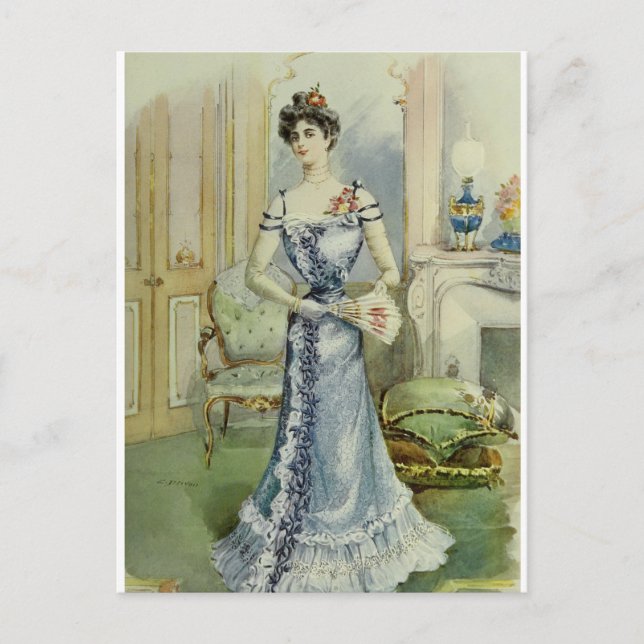 Victoriansk dam - gammaldags fransk mode - blå klä vykort (Framsida)