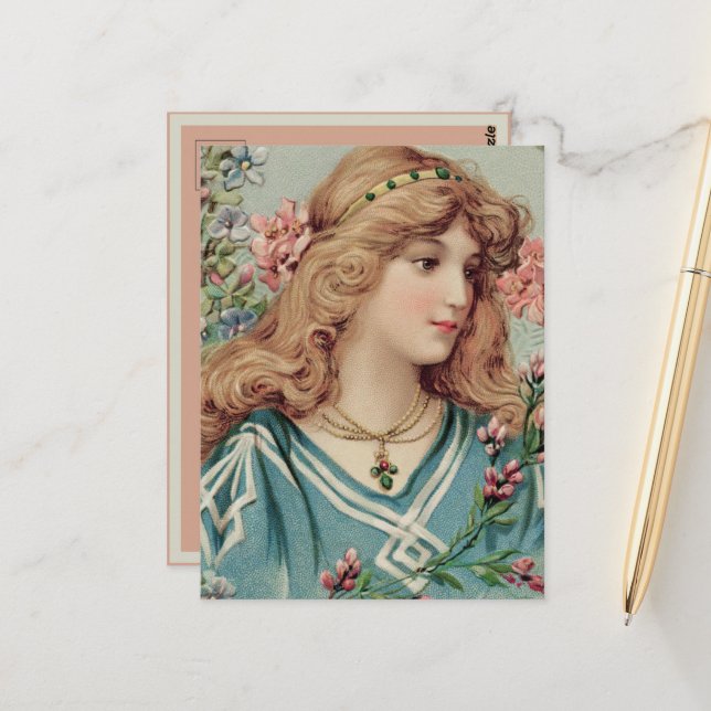 Victoriansk dam med rosa och blå blommor i håret vykort (Fram/Back In Situ)
