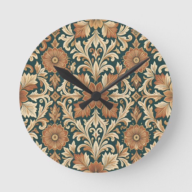 Victoriansk Damask Blommönster med Kopparbrons Rund Klocka (Framsida)