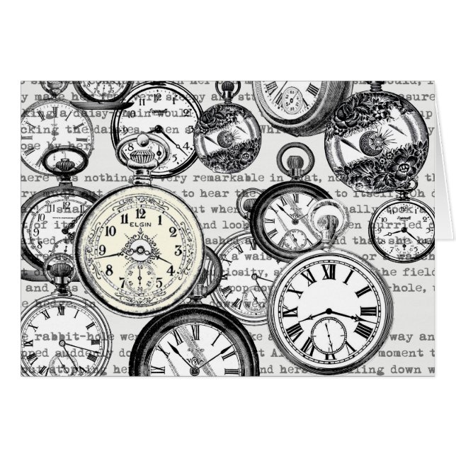 Victoriansk Fickur Collage Alice Underland Hälsningskort (Framsidan Horizontal)