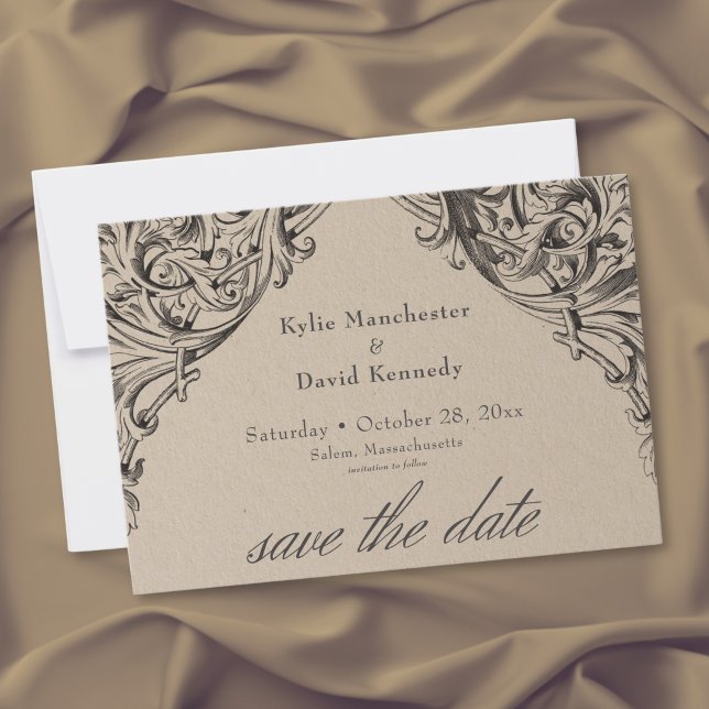 Victoriansk fladdermus till döden svart och tan br spara datumet (Victorian Bat Until Death Black & Tan Wedding Save The Date)