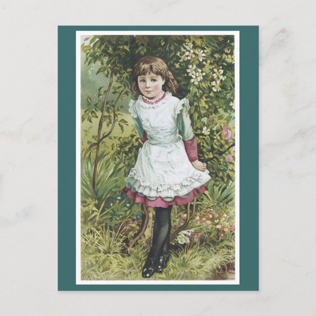 Victoriansk flicka i trädgård vykort (Framsida)