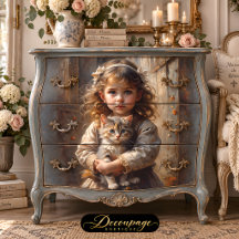 Victoriansk flicka med fräknar och katt decoupage