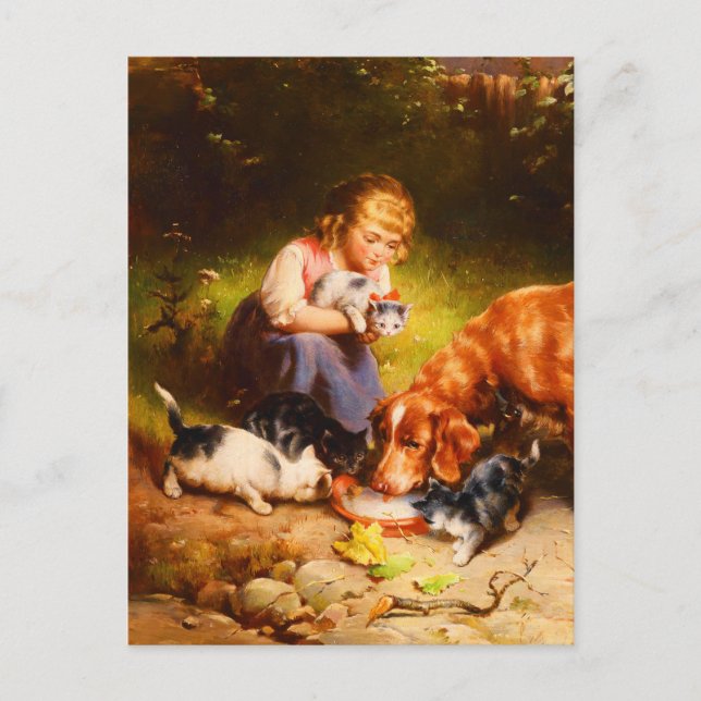 Victoriansk flicka med kattungar och hund Konsten  Vykort (Framsida)