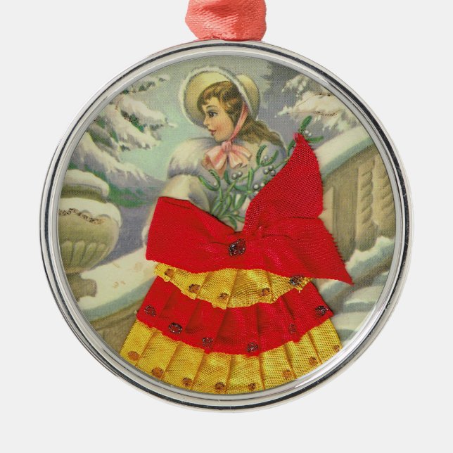 Victoriansk flicka på vintern julgransprydnad metall (Framsidan)