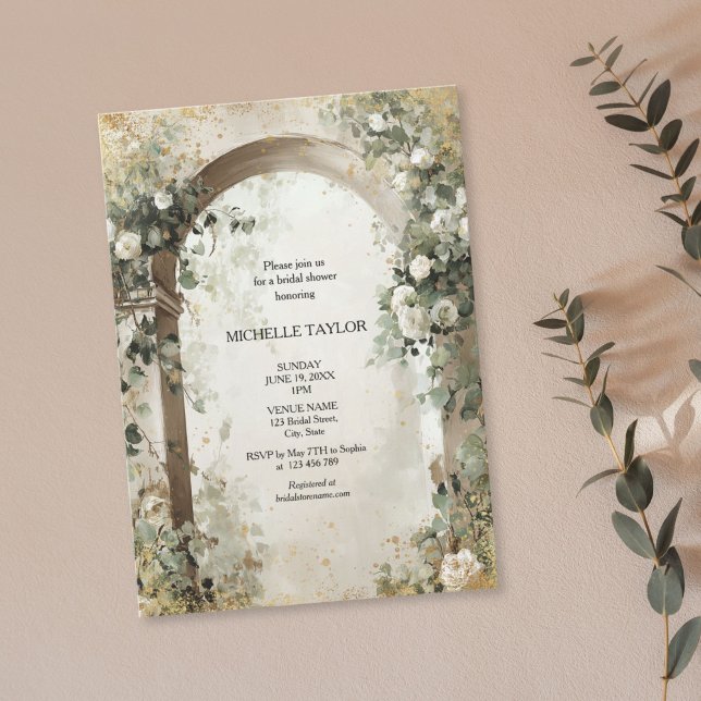 Victoriansk Förtrollad Trädgård Elegant Blommig Br Inbjudningar (victorian enchanted garden with white roses arch, bridal shower invitation)