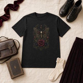 Victoriansk gotisk dödskallesvärmare burgunderroso t shirt