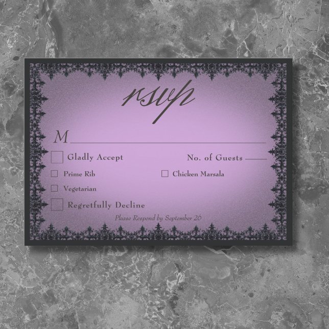Victoriansk gotisk järnram lila bröllopsmiddag OSA kort (Victorian Gothic Iron Border Purple Wedding Dinner RSVP Card)