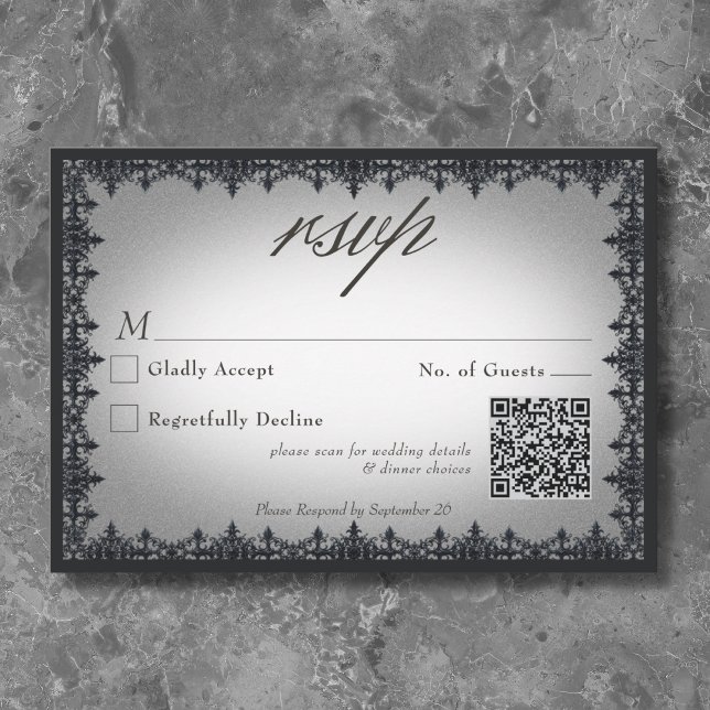 Victoriansk gotisk järnram vit bröllops QR OSA Kort (Victorian Gothic Iron Border White Wedding QR RSVP Card)