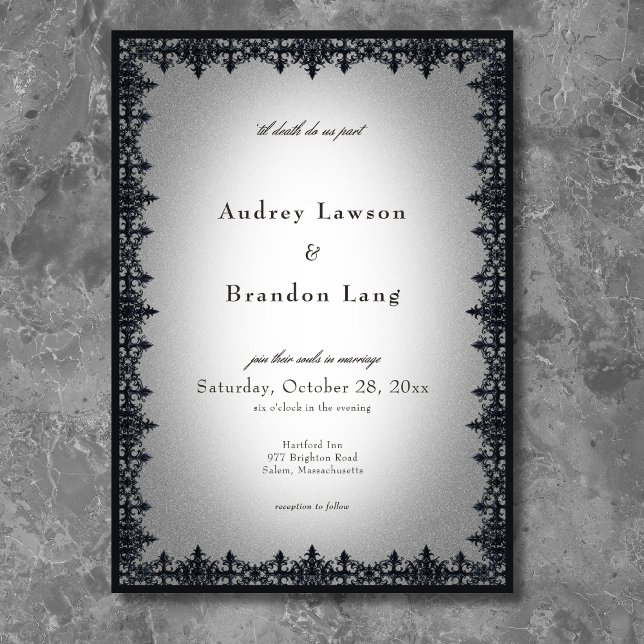 Victoriansk gotisk järnram vit bröllopsfest inbjudningar (Victorian Gothic Iron Border White Wedding Invitation)