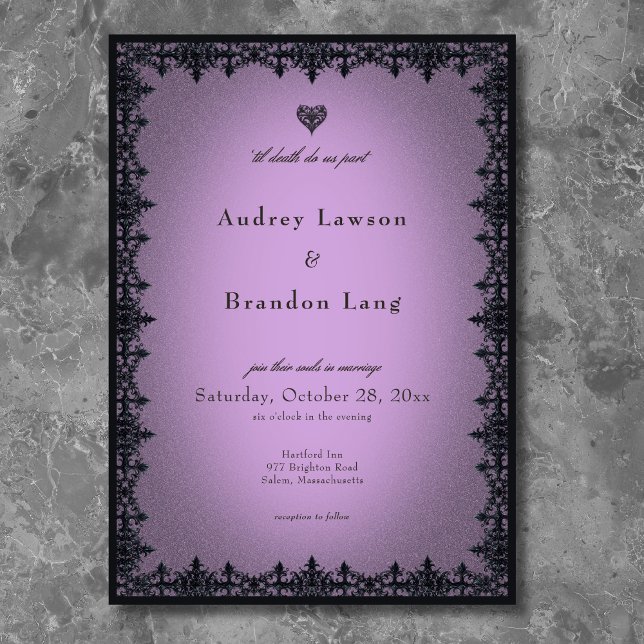 Victoriansk gotisk järnsmyckad lila bröllopsskötse inbjudningar (Victorian Gothic Iron Border Purple Wedding Invitation)