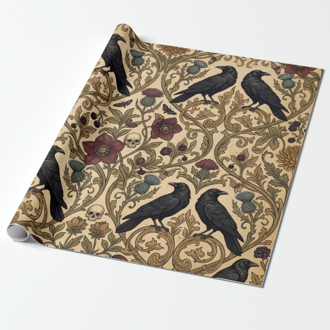 Victoriansk gotisk korpar & mörk botanisk blomma presentpapper (Utrullad)