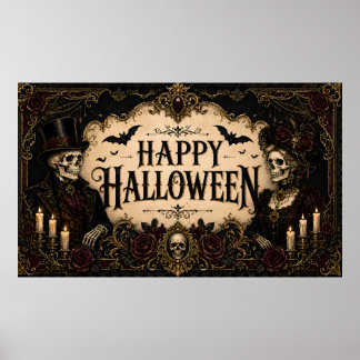 Victoriansk gotisk skelett svart ros Halloween Poster