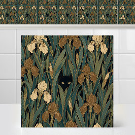 Victoriansk gotisk svart katt iris blad gobeläng kakelplatta