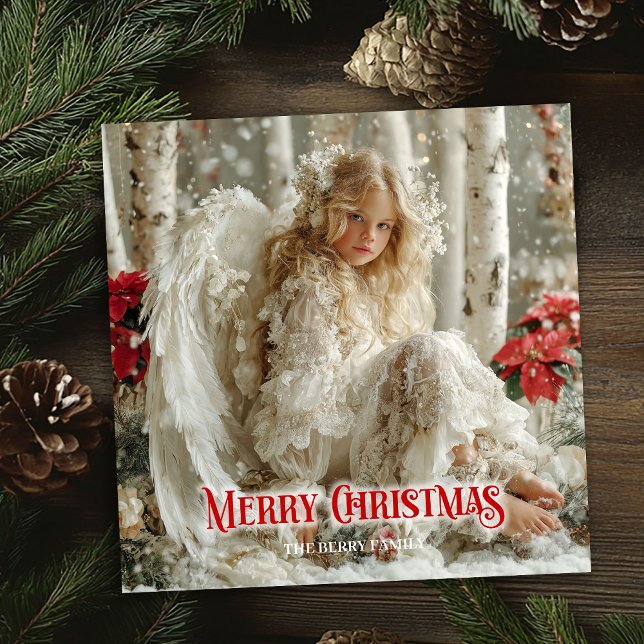 Victoriansk julängel röd vit guld vinter  julkort (Victorian Christmas angel red white gold winter card)