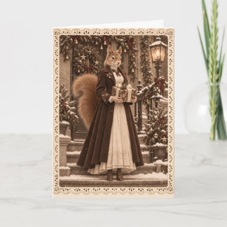 Victoriansk julpresent med ekorre i sepia kort