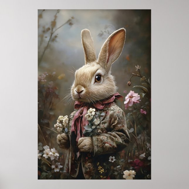 Victoriansk kaninutskrifts Easter kanin i blomster Poster (Framsidan)