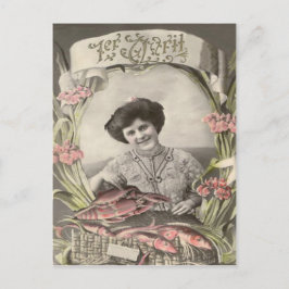 Victoriansk kvinna Fisk Poisson d'avril April Fåge Vykort