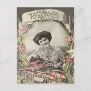 Victoriansk kvinna Fisk Poisson d'avril April Fåge Vykort
