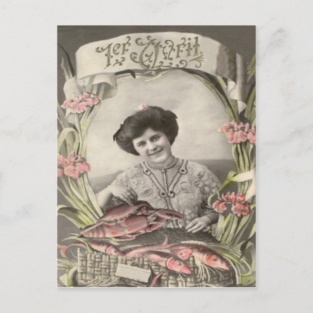 Victoriansk kvinna Fisk Poisson d'avril April Fåge Vykort (Framsida)