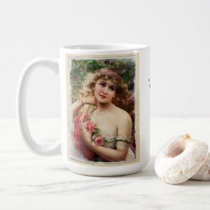 Victoriansk kvinna med rosa rosor kaffemugg