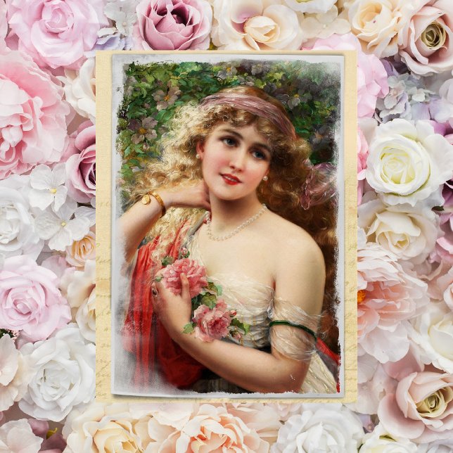Victoriansk kvinna med rosa rosor vykort (Skapare uppladdad)
