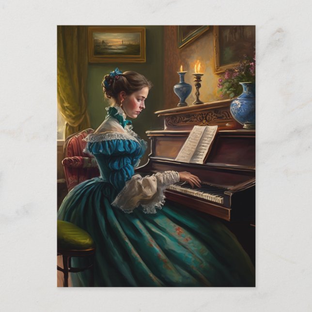 Victoriansk kvinna som spelar piano vykort (Framsida)