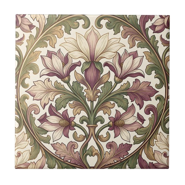 Victoriansk lila kräm Ornate Blommig  Kakelplatta (Framsidan)