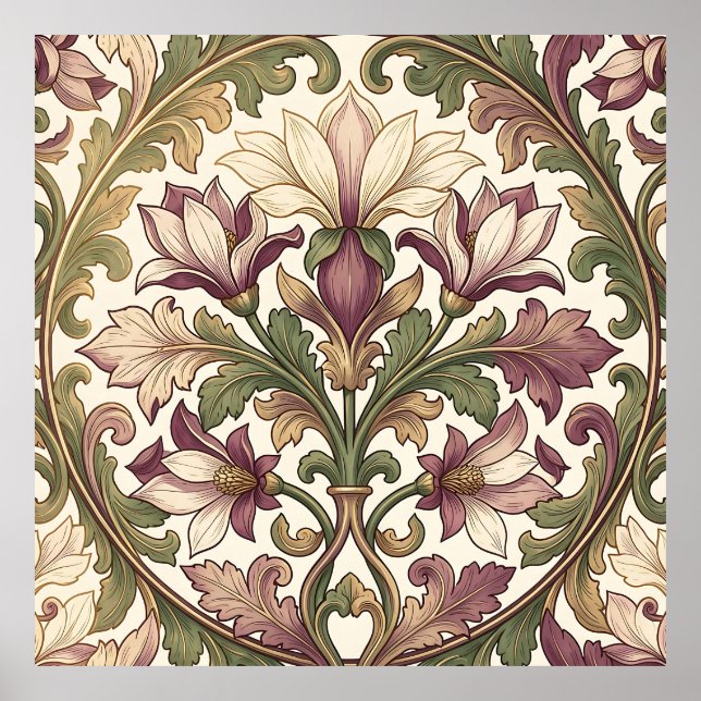 Victoriansk lila kräm Ornate Blommig  Poster (Framsidan)
