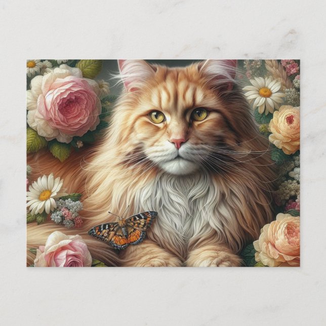 Victoriansk Maine Coon Katt med Rosa Rosor  Vykort (Framsida)