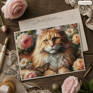 Victoriansk Maine Coon Katt med Rosa Rosor Vykort