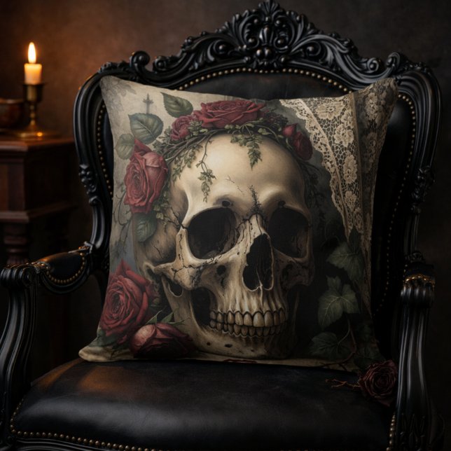Victoriansk Mörk Akademisk Gotisk Kalle med Rosor Kudde (Victorian Dark Academia Gothic Skull with Roses Throw Pillow)
