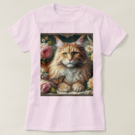 Victoriansk Orange Maine Coon Katt med Rosa Rosor T Shirt