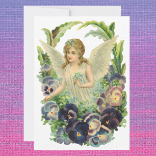 Victoriansk påskängel med lila penséblommor julkort