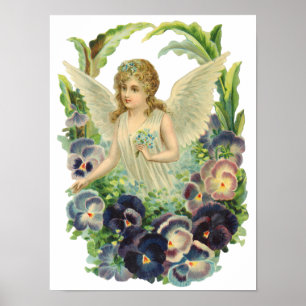 Victoriansk påskängel med lila penséblommor poster