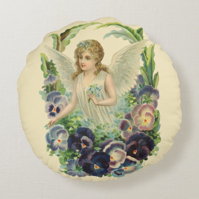 Victoriansk påskängel med lila penséblommor rund kudde (Baksidan)