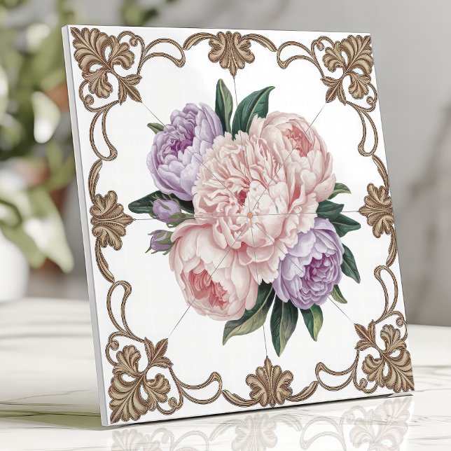 Victoriansk påskeblomsterbukett med guldscrollverk kakelplatta (Skapare uppladdad)